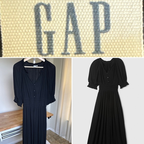 GAP Dresses & Skirts - Gap Women’s Black Smocked Fitted Waist Splitneck Midi Dress Size M